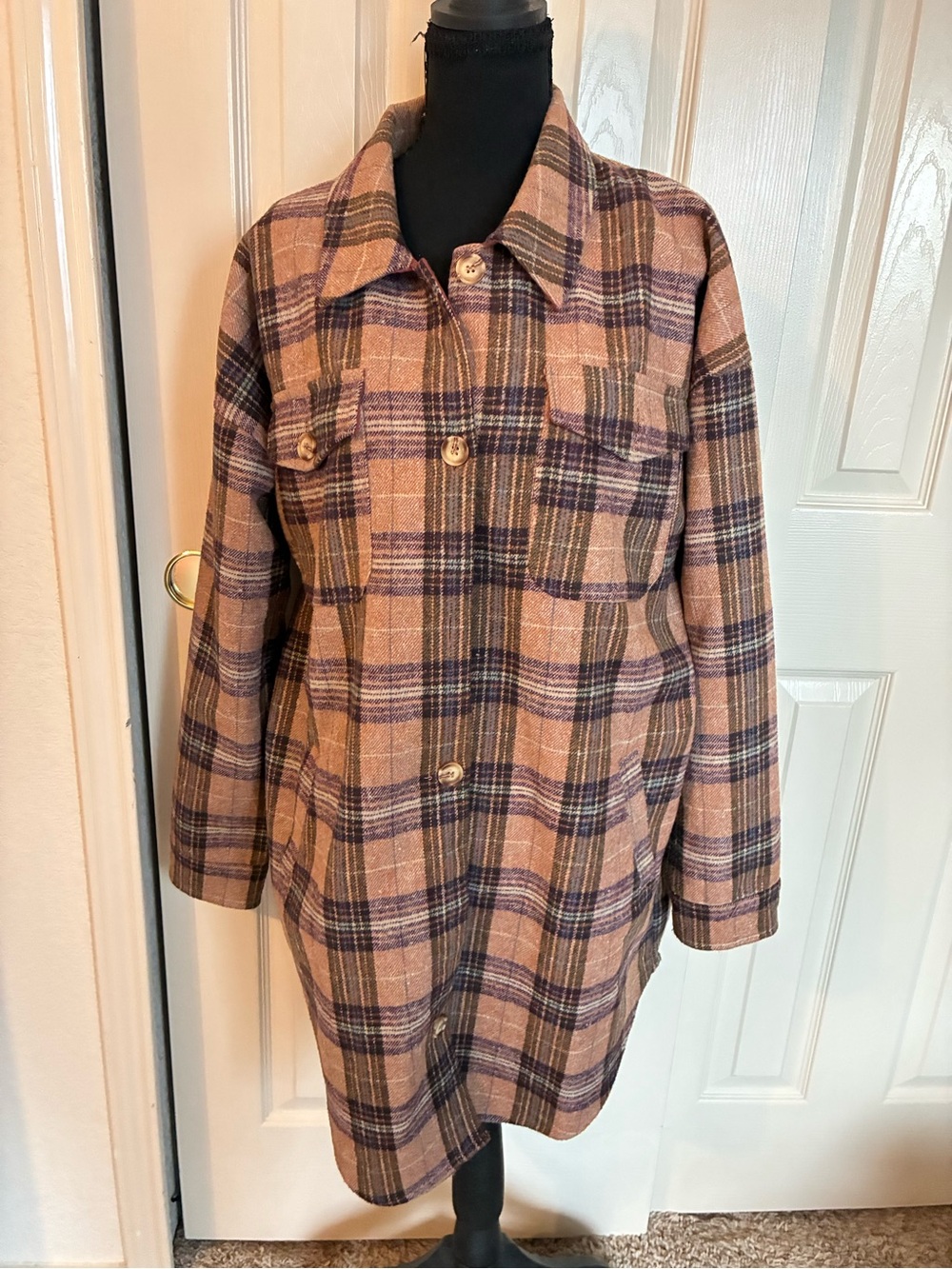 Wool/Cotton Blend Plaid Button-Front Wool-Blend Coat - Pink Plaid